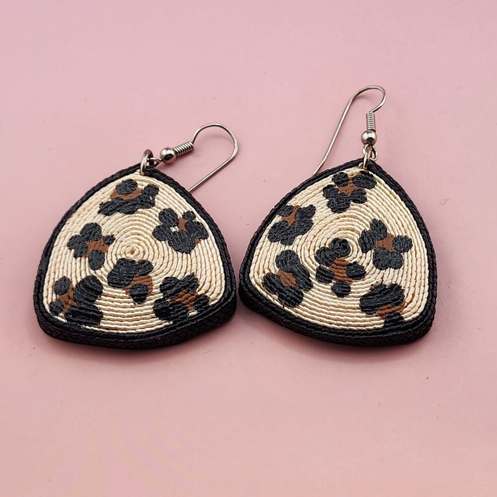 Leopard Print Woven Triangle Dangle Earrings Cream Black Brown Boho
